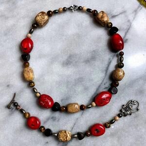 Genuine Red Coral Picture Jasper Tigers Eye + More Sterling Silver Necklace Set